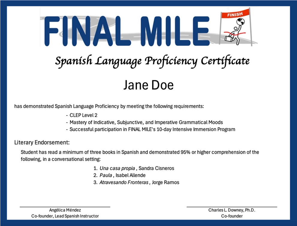 FINAL MILE Spanish Language Proficiency Certificate